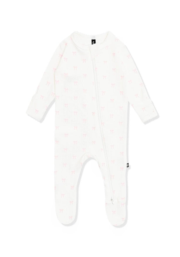 Pointelle Zippered Footie in Sweet Pink Bow