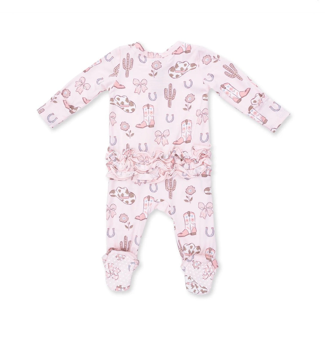 Cowgirl Boots and Bows 2 Way Ruffle Back Zipper Footie