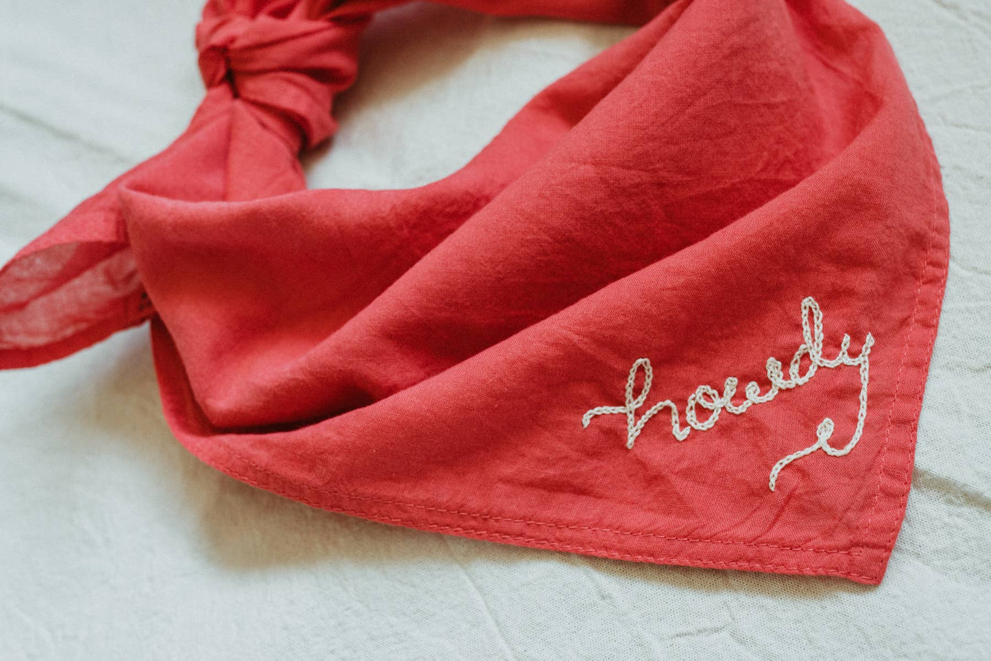 Howdy Hand  Dyed + Embroidered Organic Cotton Bandana | Strawberry Red