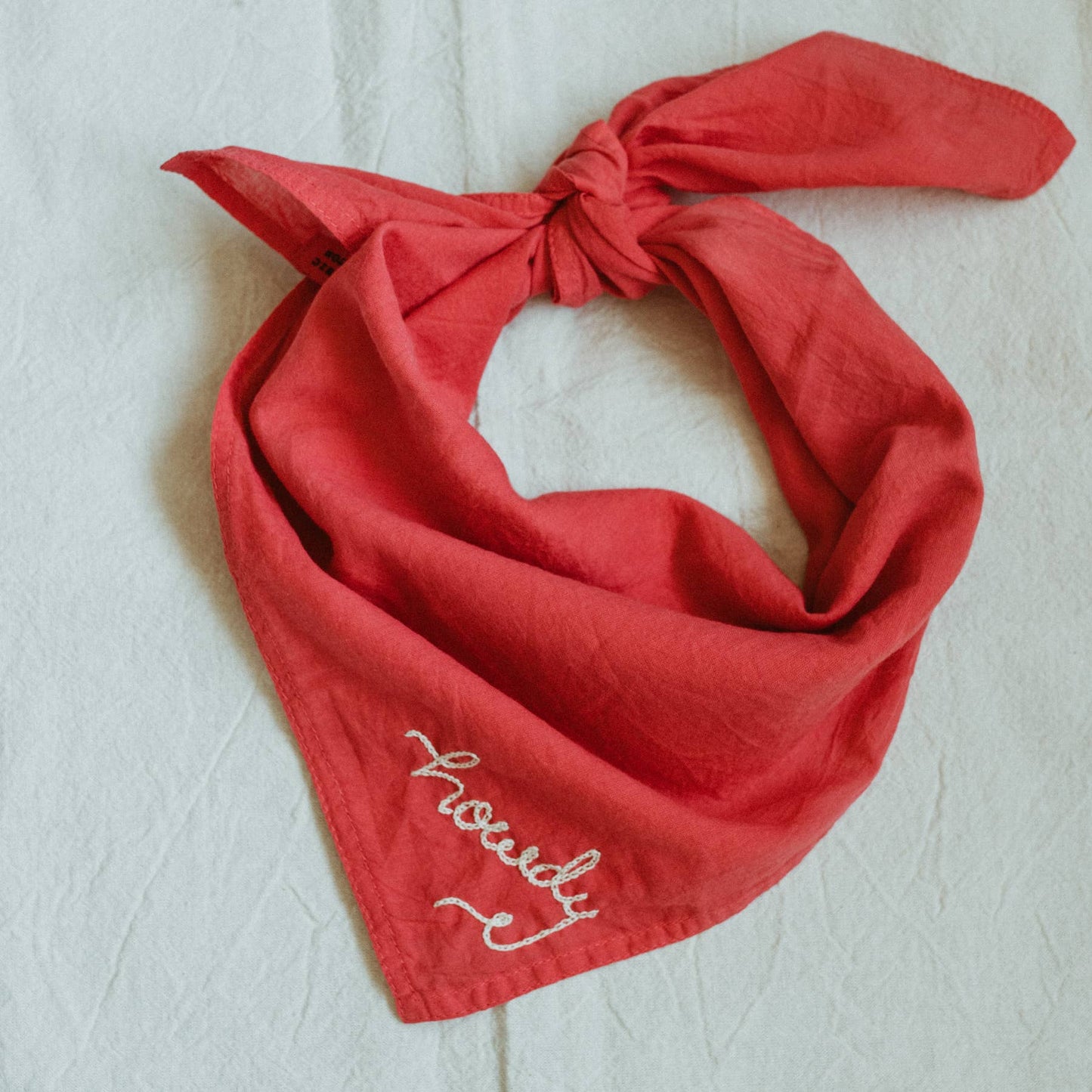 Howdy Hand  Dyed + Embroidered Organic Cotton Bandana | Strawberry Red