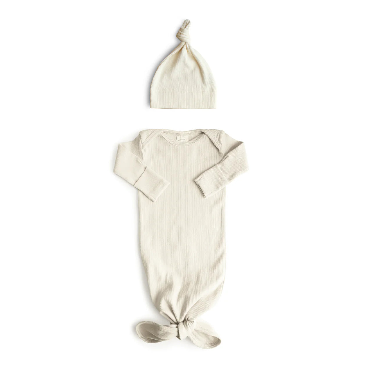 Ivory Ribbed Knotted Baby Gown + Beanie Set