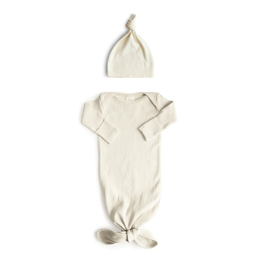 Ivory Ribbed Knotted Baby Gown + Beanie Set