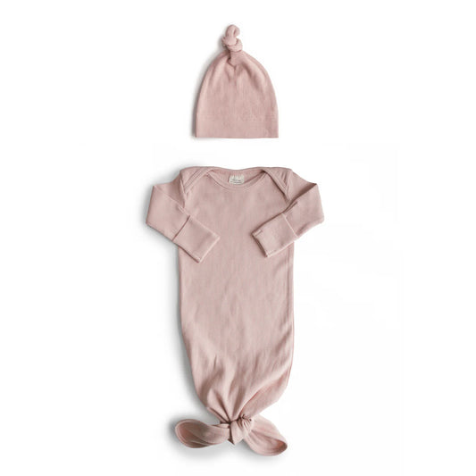 Blush Ribbed Knotted Baby Gown + Beanie Set