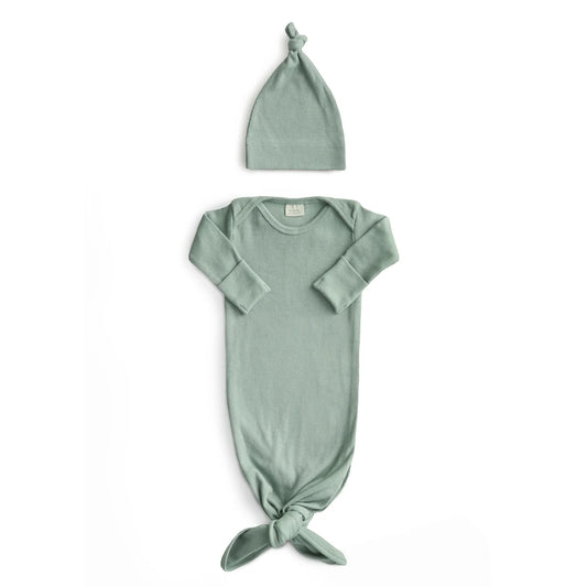 Roman Green Ribbed Knotted Baby Gown + Beanie Set