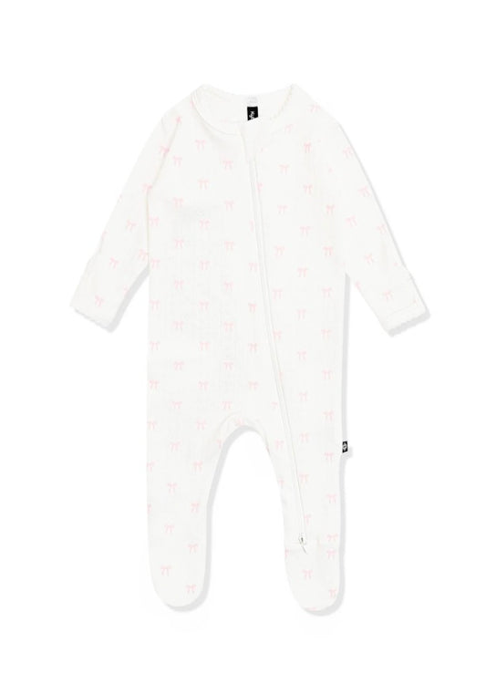 Pointelle Zippered Footie in Sweet Pink Bow