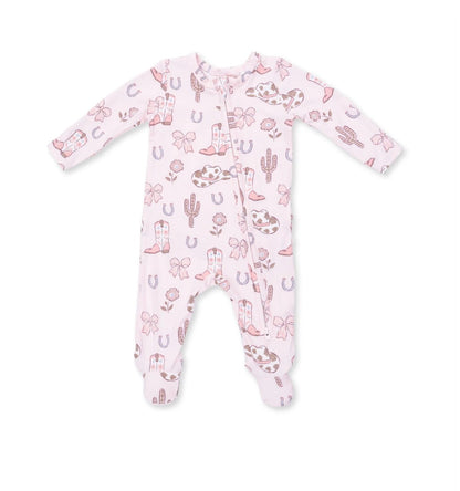 Cowgirl Boots and Bows 2 Way Ruffle Back Zipper Footie