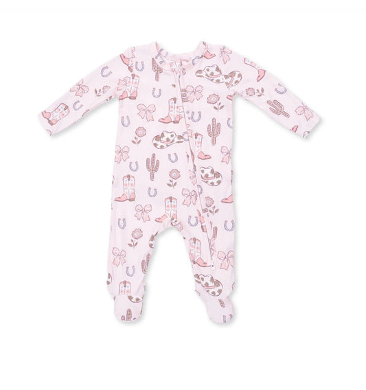 Cowgirl Boots and Bows 2 Way Ruffle Back Zipper Footie