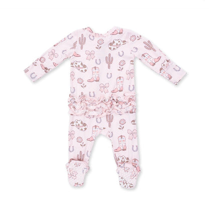 Cowgirl Boots and Bows 2 Way Ruffle Back Zipper Footie