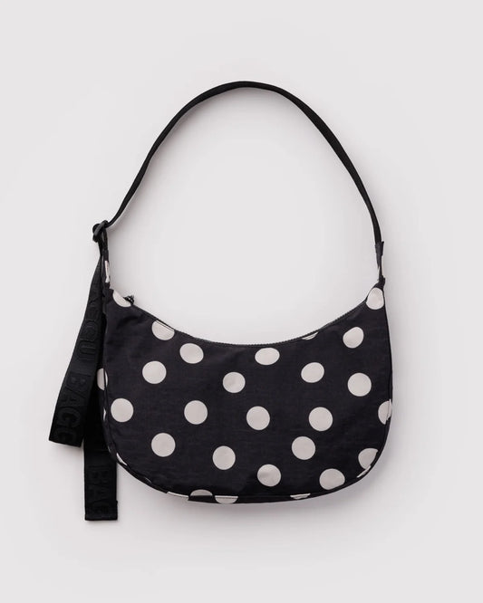 Black and Cream Polka Dot Medium Nylon Crescent Bag